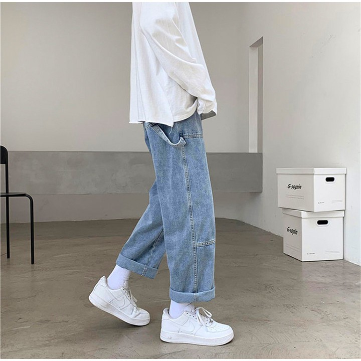 Quần Jean dáng suông rộng, jeans unisex, Quần bò dáng đứng phối dây cá tính, phá cách