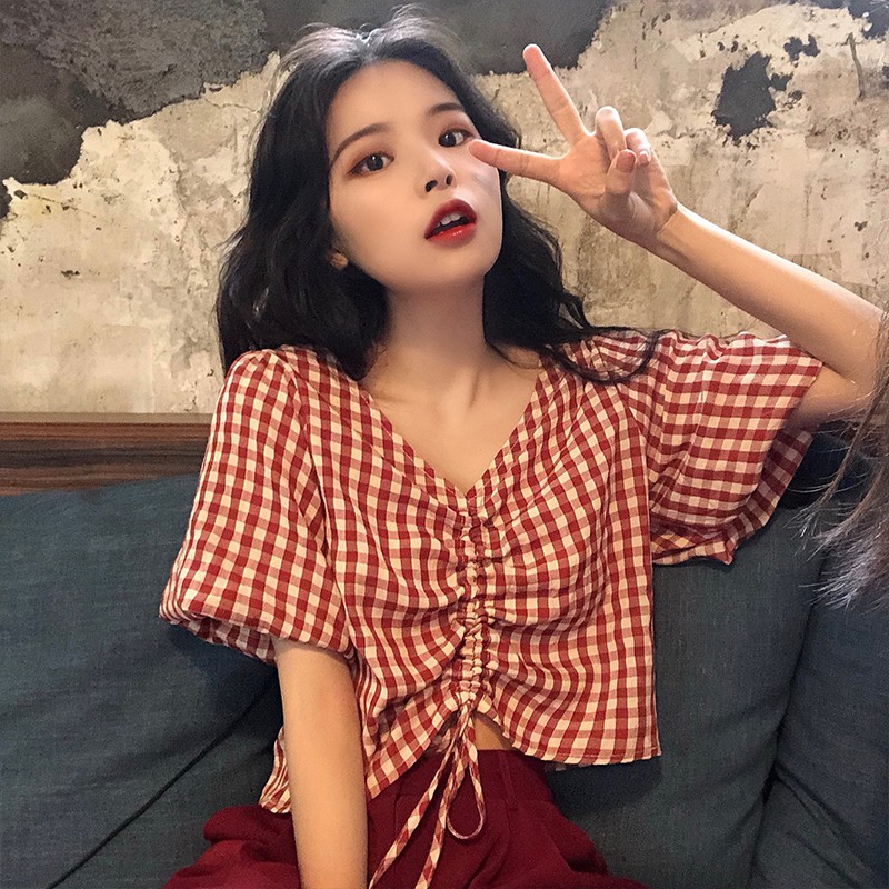 Áo dây rút cổ v kẻ cho nữ Yoomeclothing [ ẢNH THẬT SHOP CHỤP]
