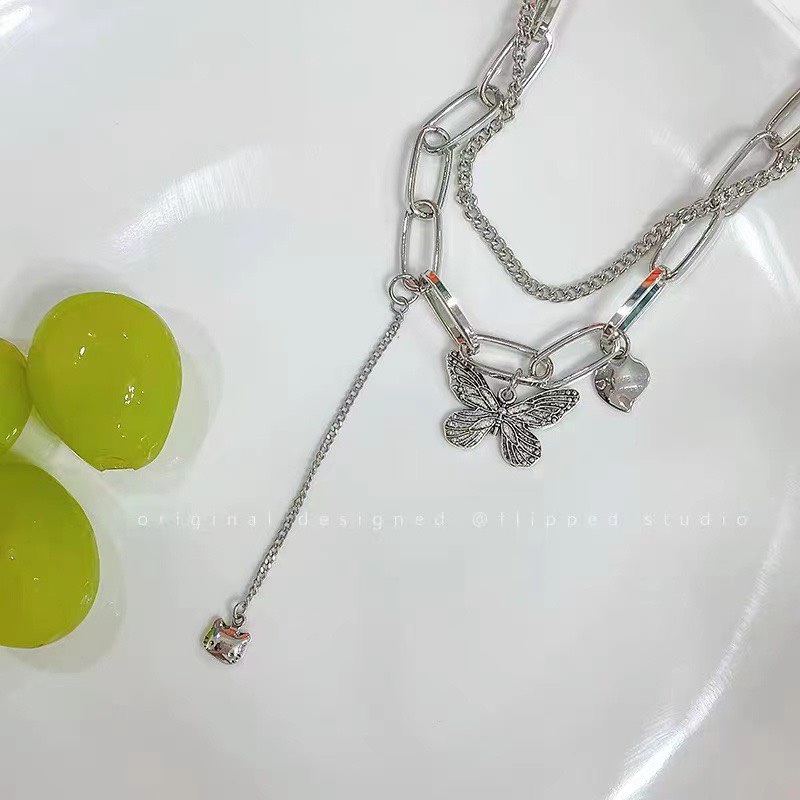 Dây chuyền choker 2 tầng chi tiết Butterfly màu bạc swag dành cho nữ