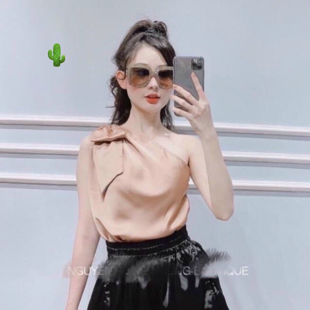 Áo Phi Lụa Lệch Vai Nơ Lớn