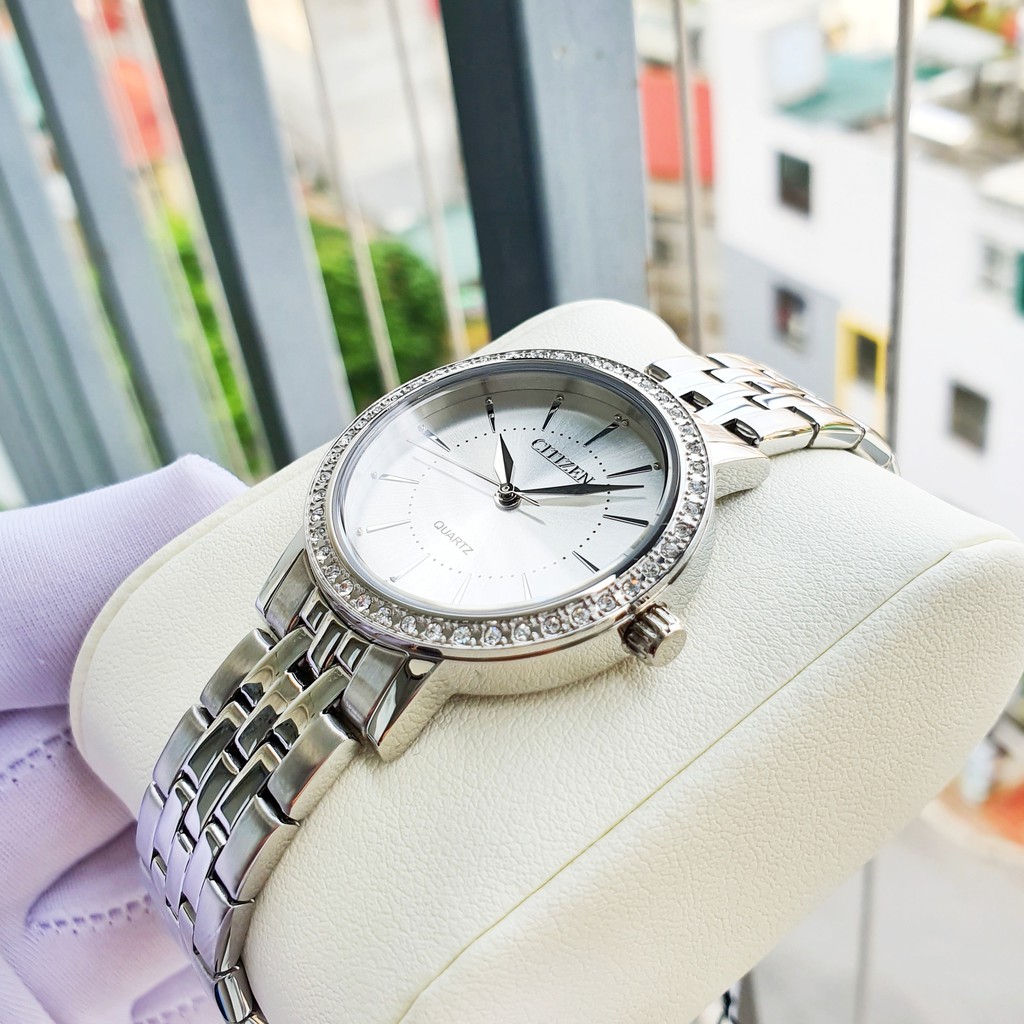 Đồng hồ Nữ chính hãng Citizen EL3040-80A Mặt trắng,Pha lê-Máy Pin Quartz-Dây kim loại thép không gỉ cao cấp-Size 31mm