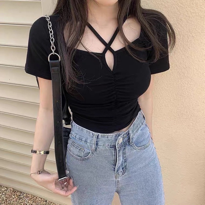 Áo thun nữ ,áo thun croptop nhún chất thun gân mềm , co giãn -A14