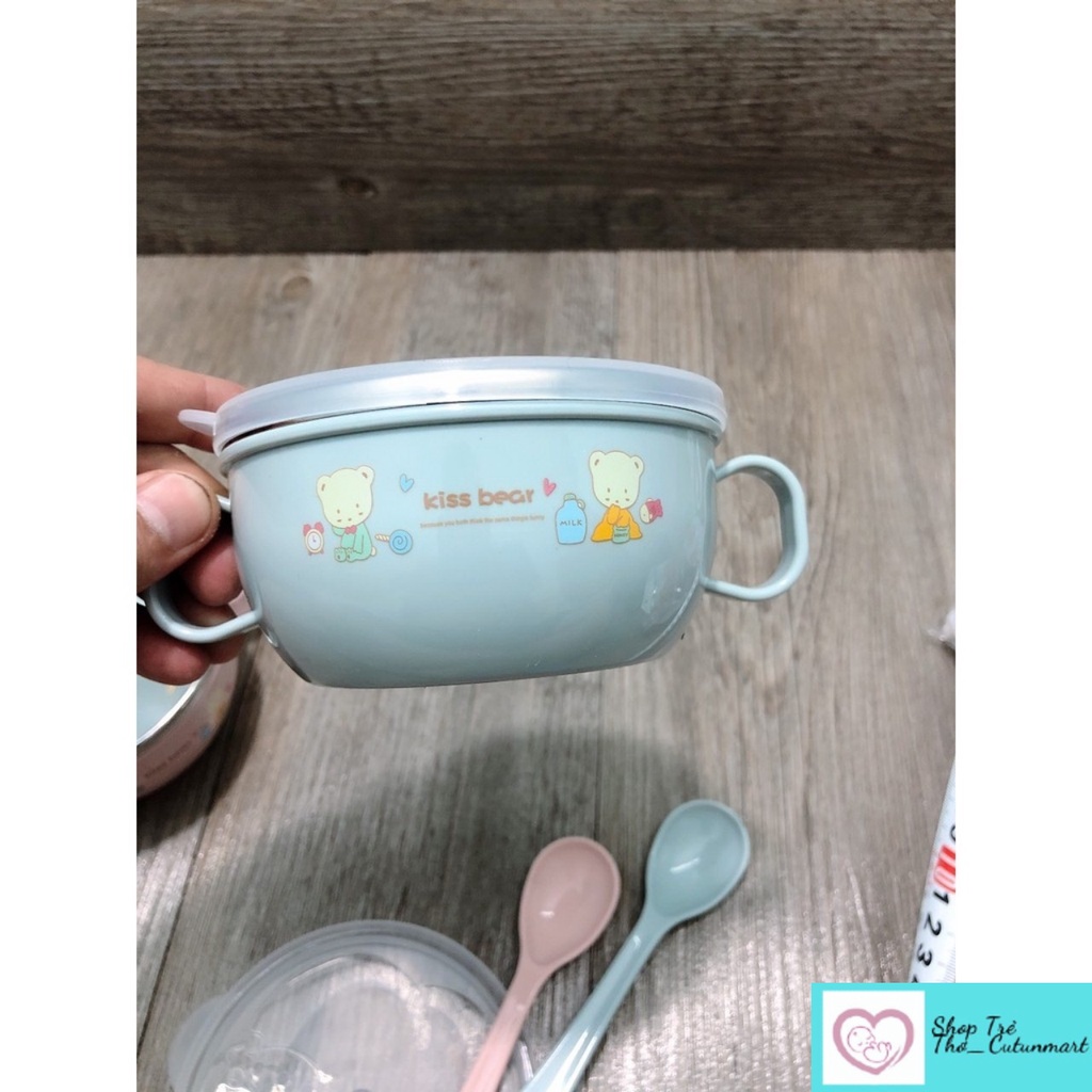 Bát ăn dặm giữ nhiệt 2 lớp ruột inox kèm thìa và nắp đậy có 2 tai cầm cho bé