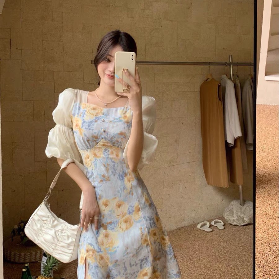 Đầm Dài Tay Phồng In Họa Tiết Hoa Phong Cách Pháp Thanh Lịch Dành Cho Nữ