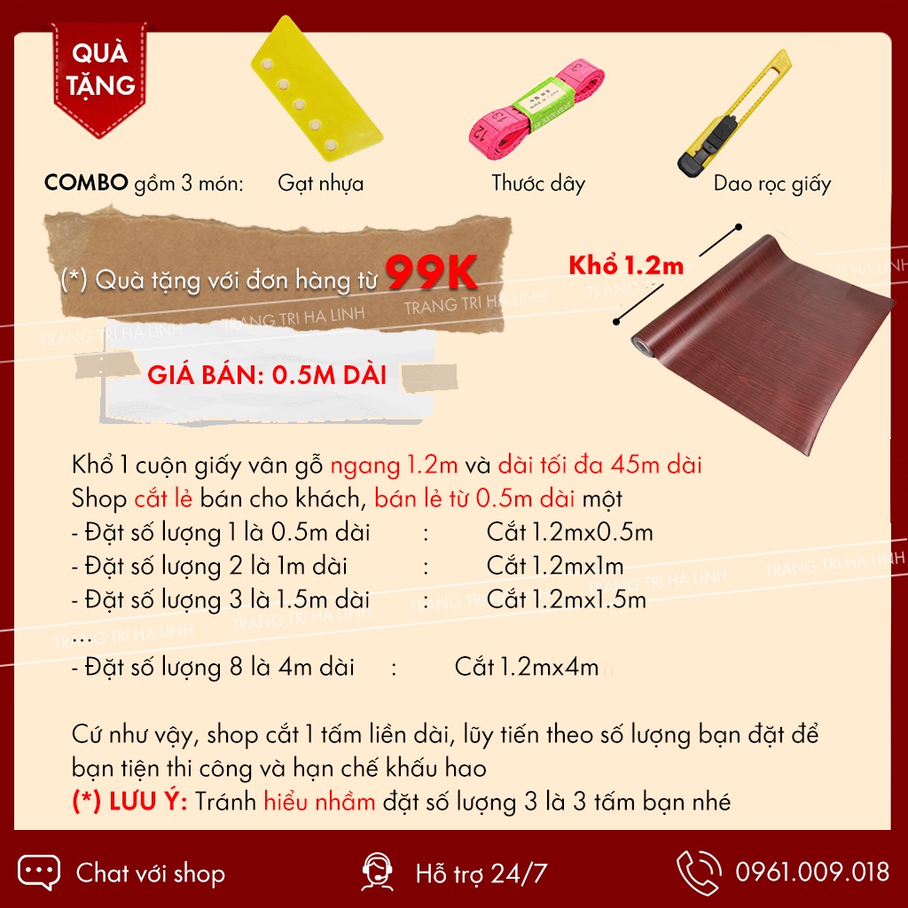 Giấy dán vân gỗ chống nước decal giả gỗ dán bàn tủ tường sẵn keo khổ 1.2mx0.5m