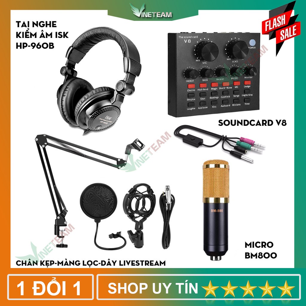 Combo trọn bộ livestream BM-800 -màng lọc-chân kẹp-dây live tream -sound card V8  tặng tai nghe cao cấp ISK-960B