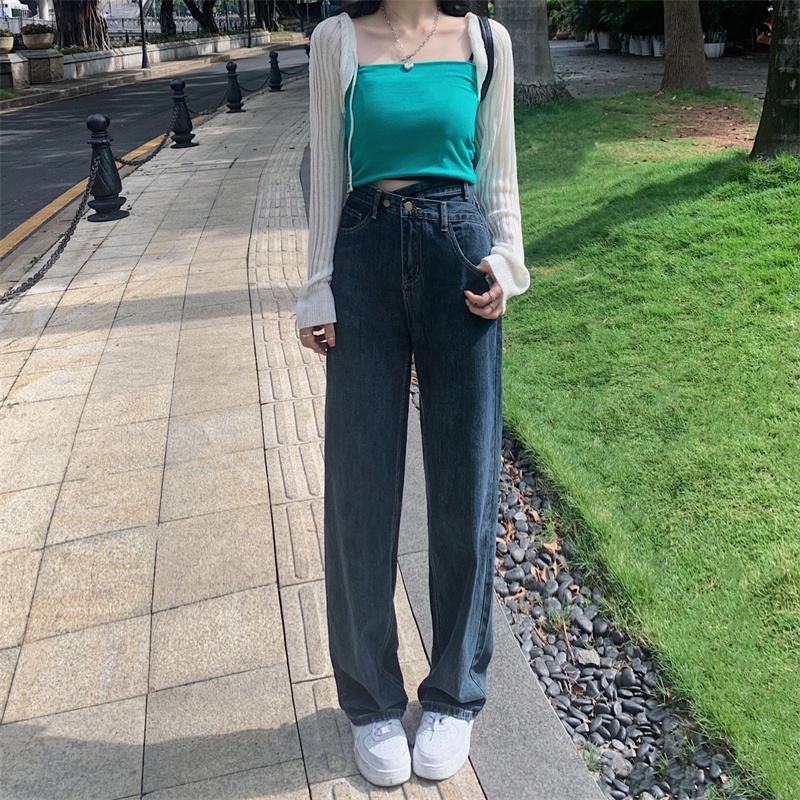 Xiaozhainv Quần jeans lưng cao dáng rộng phong cách Hàn Quốc dành cho nữ