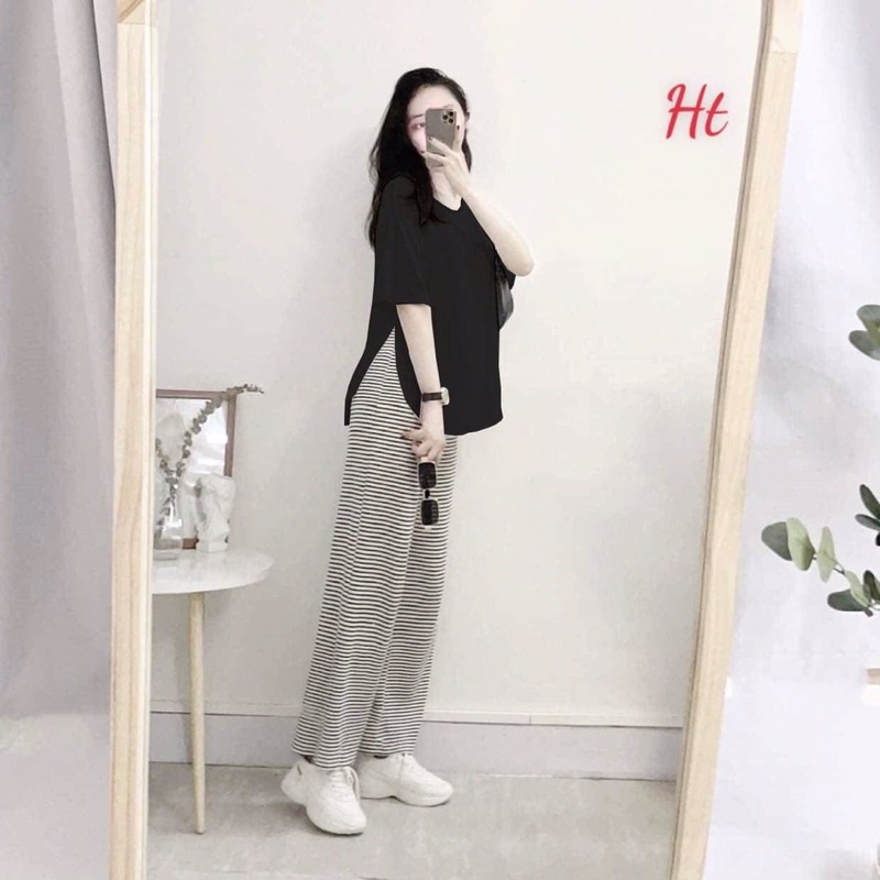 Set áo thun ngắn tay vạt lượn xẻ tà + quân thun kẻ ngang ống rộng
