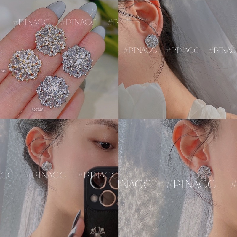 Bông tai, khuyên tai đính đá dáng hoa cong Hàn Quốc .PTNACC.