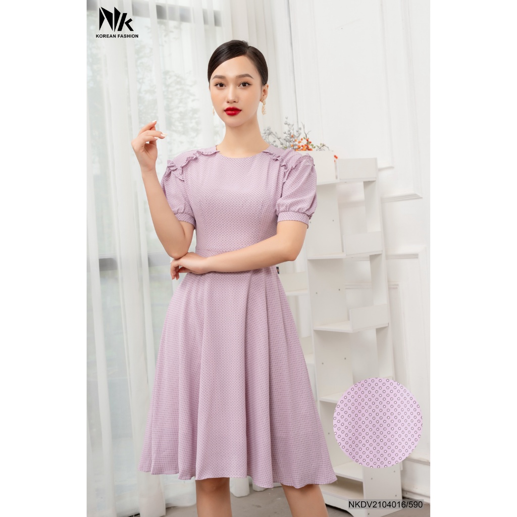 Váy Công Sở Dáng Xòe Chấm Bi NK FASHION, Thiết Kế Vai Bèo Sang Trọng NKDV2104016
