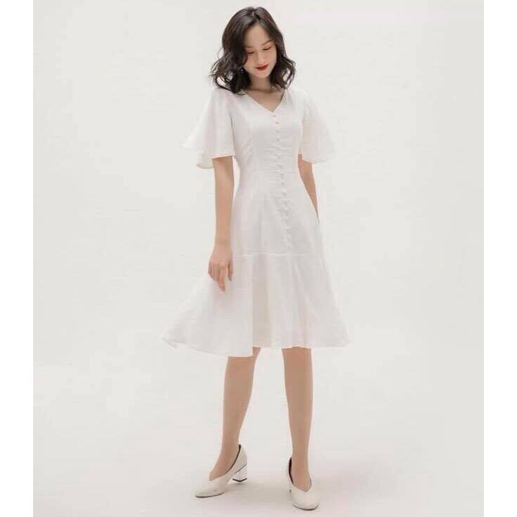 Đầm Nữ Trắng Xòe Cúc Dọc