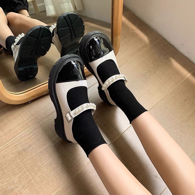 Giày Lolita quai ngọc da mềm,giày búp bê phong cách ulzzang đế cao 3-5P