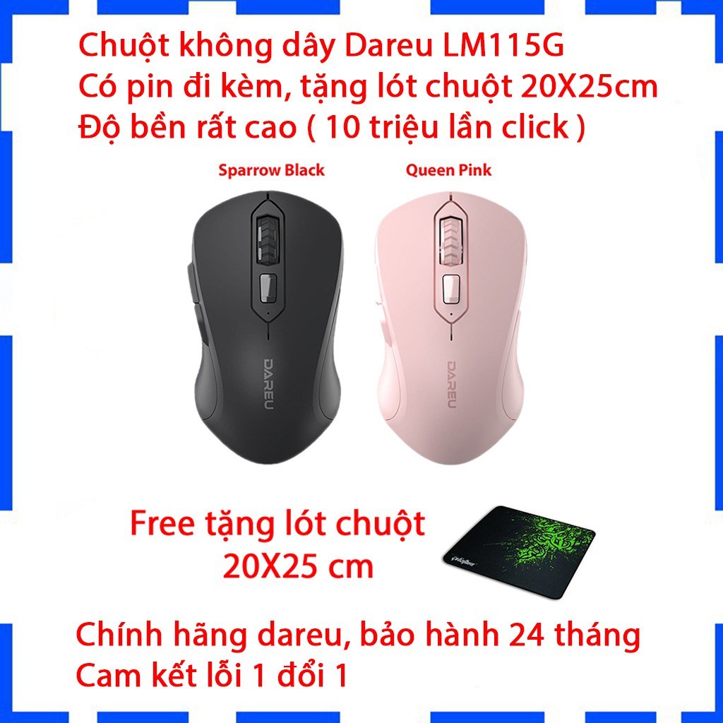 Chuột không dây Dareu LM115G - Có pin tặng kèm - Có Màu hồng cực kute - Chính hãng - BH 24 tháng