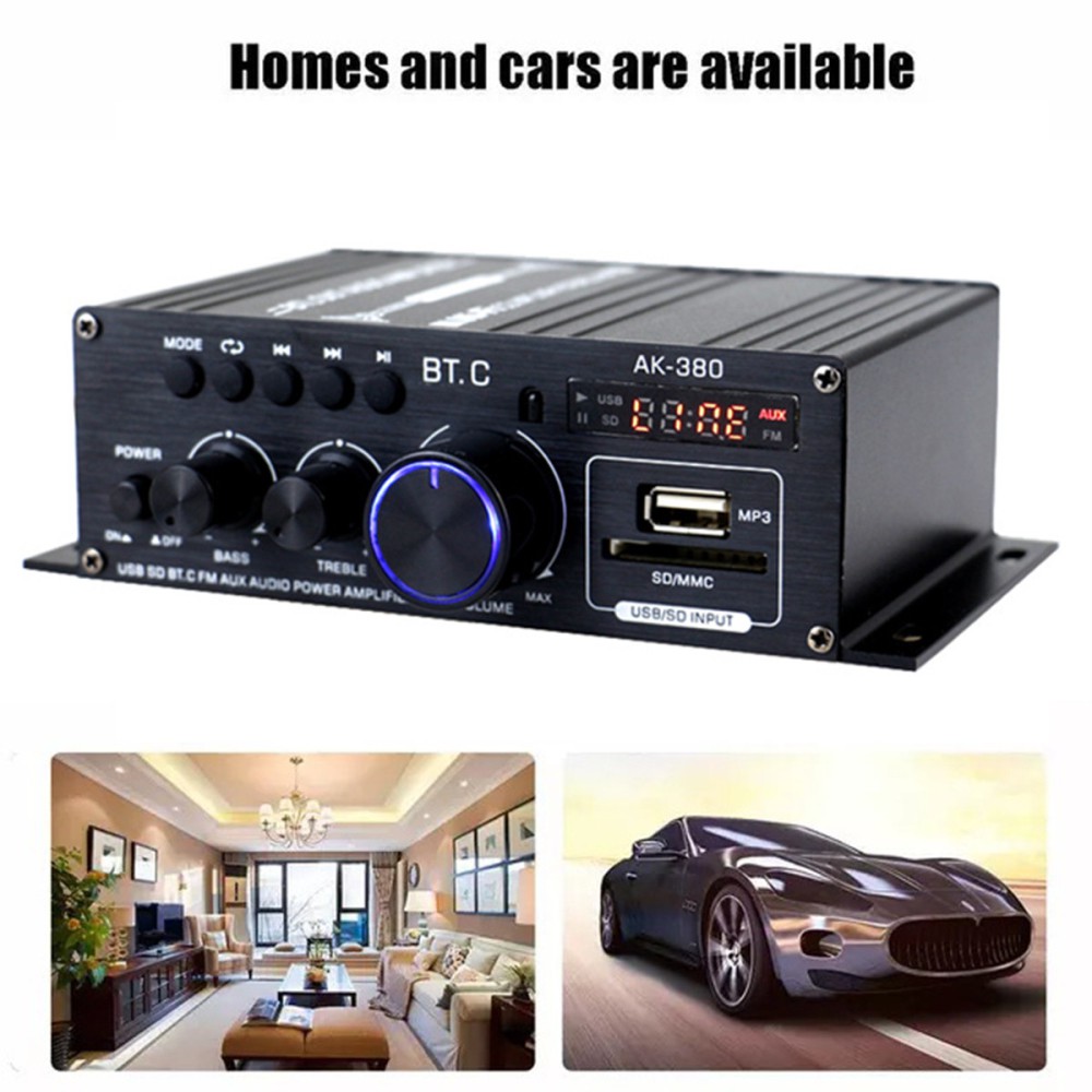 AK380 Power Amplifier Audio Karaoke Home Theater Amplifier 2 Channel Bluetooth Class D Amplifier USB / SD Aux Input/Home Black Dual Channel Easy Install Mini Power Amplifier