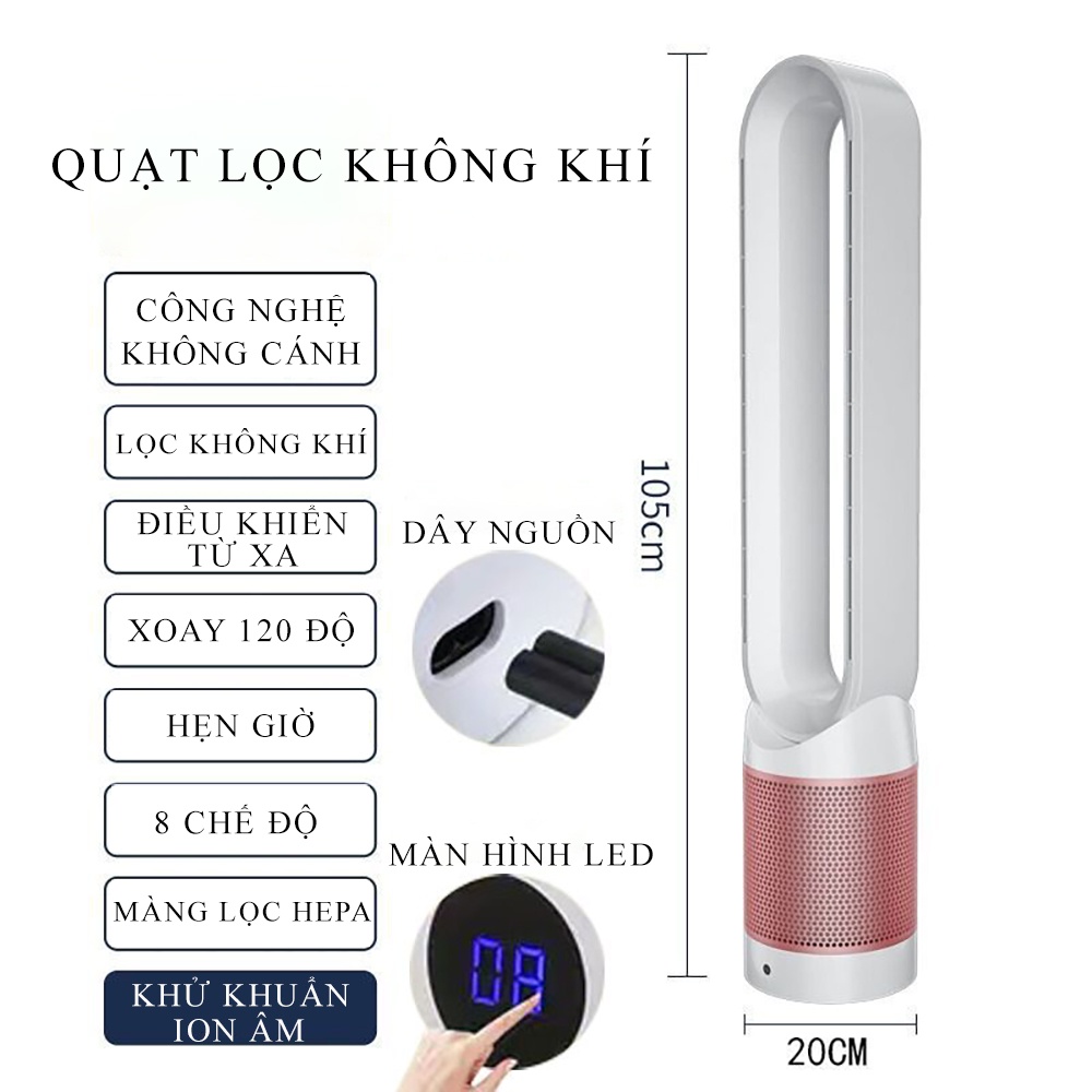 Quạt không cánh, máy lọc không khí 2 in 1 thế hệ mới, Bộ lọc HEPA khử khuẩn ion âm điều khiển từ xa xoay 120 độ