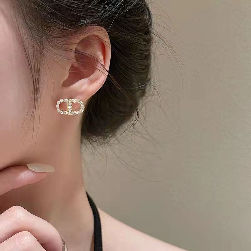 Bông Tai Mạ Bạc 925 Hình Chữ D Đính Đá Thời Trang Hàn Quốc