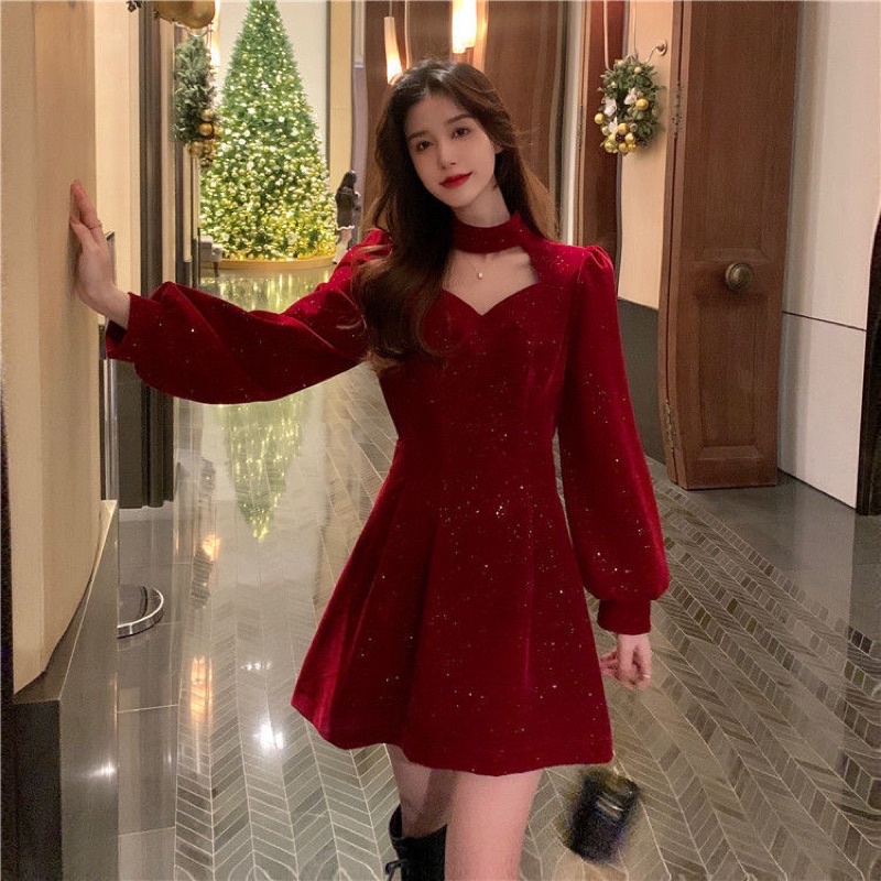 Váy nhung đính kim tuyến thanh lịch dự tiệc hoặc đi chơi tết hoặc noel