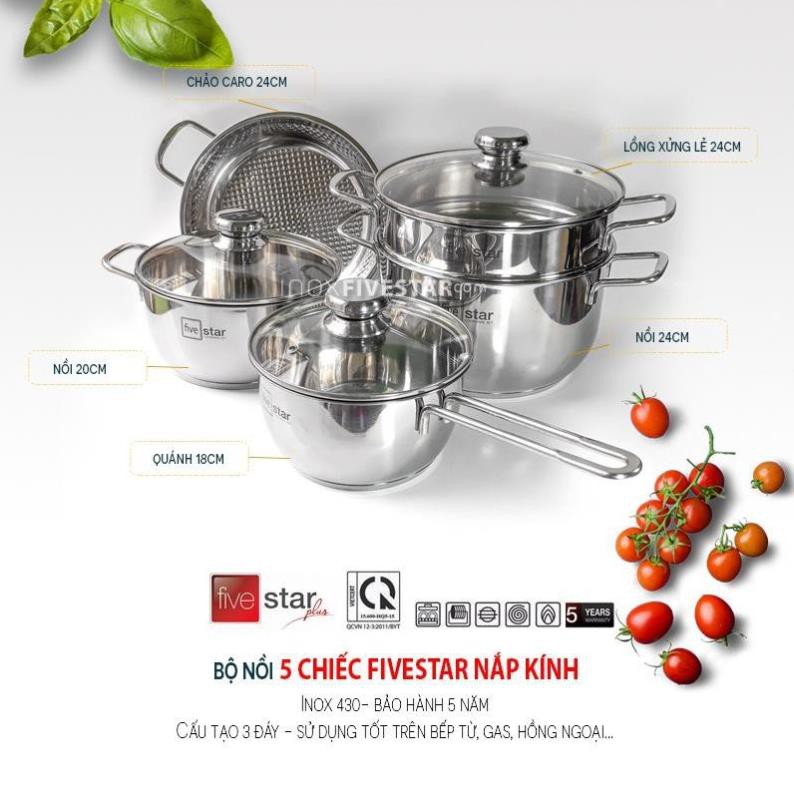 Bộ Nồi Inox 5 Chiếc Fivestar Nắp Kính