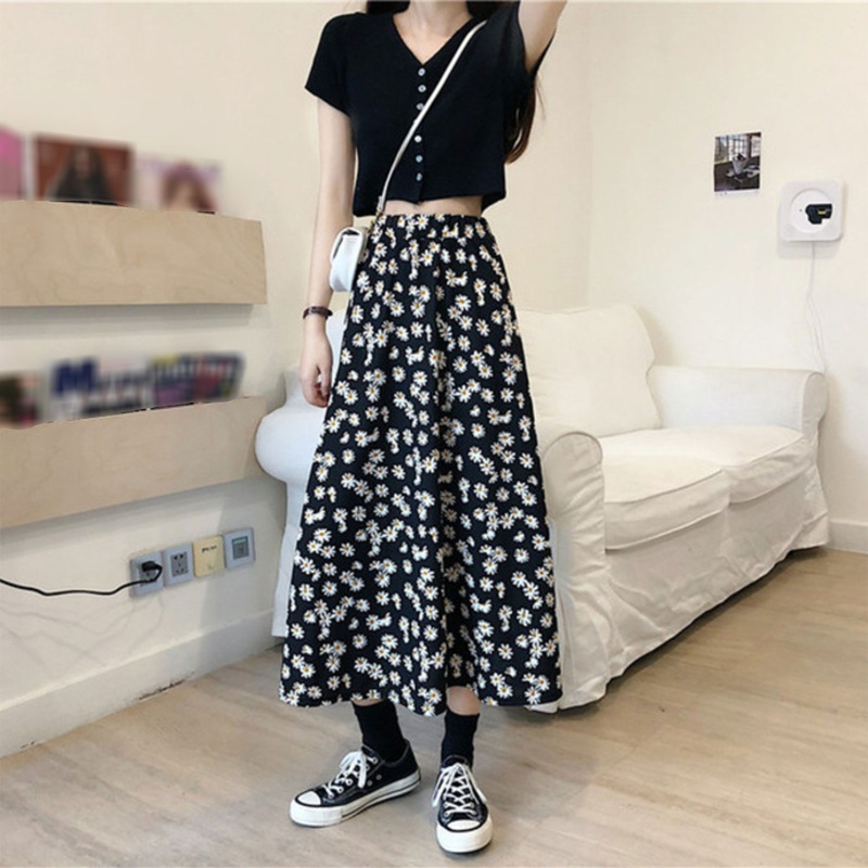 Chân Váy Midi Chữ A Lưng Cao In Họa Tiết Hoa Thời Trang Cho Nữ