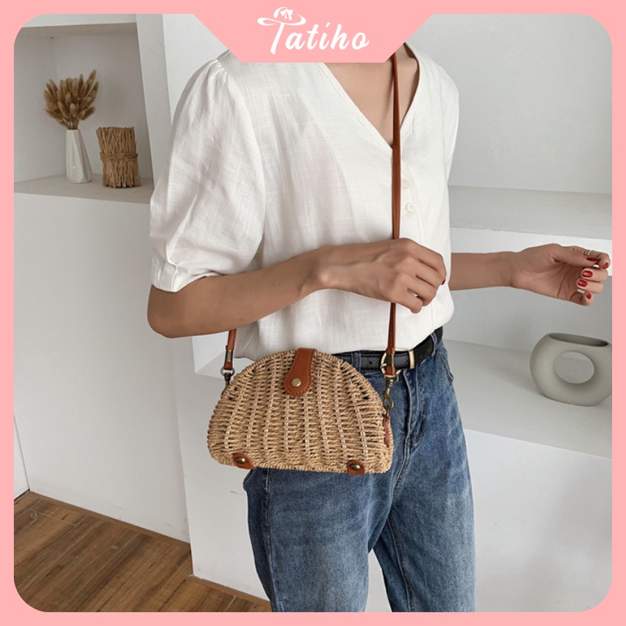 Túi Cói Đeo Chéo Mini Trơn Dễ Thương Phong Cách Hàn Quốc - TATIHO - Mã TUI63