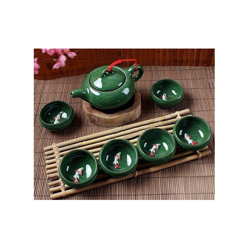 Bộ ấm chén cá 3D tráng men ngọc đá