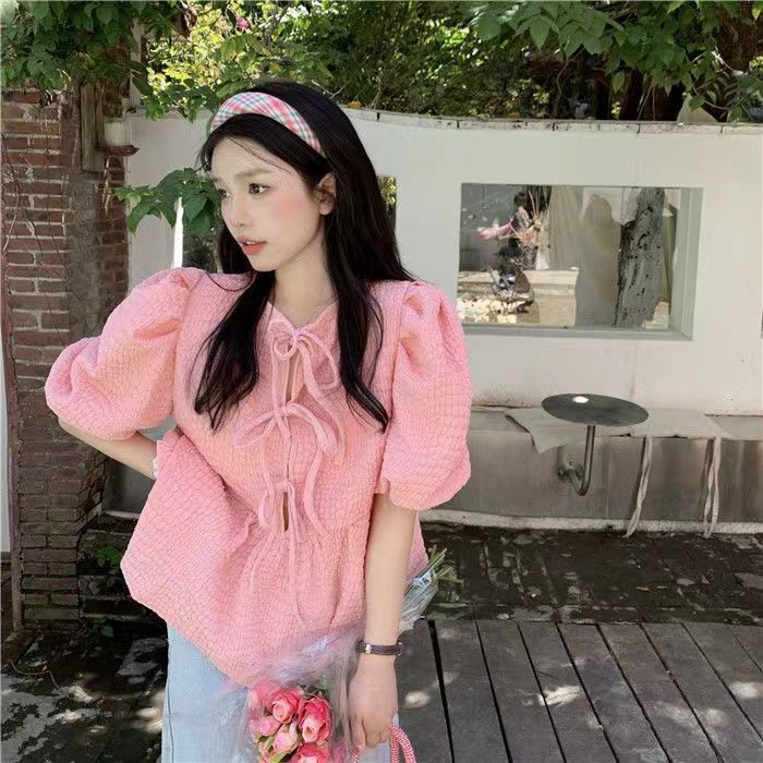 Áo Sơ Mi chiffon Tay Phồng Phối Ren Hai Mặt Trước Sau Thiết Kế Ngọt Ngào Thời Trang Mùa Hè Cho Nữ