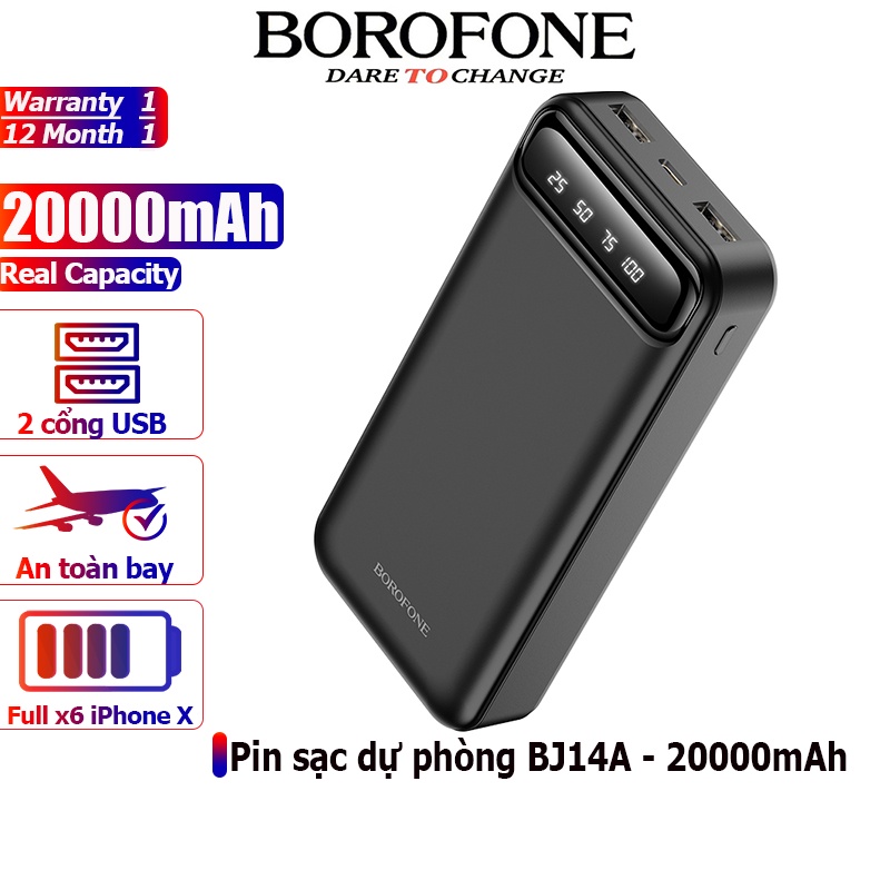 Pin sạc dự phòng 20000mAh BOROFONE BJ14A đèn báo Pin, 2 cổng ra 2A - Chính hãng