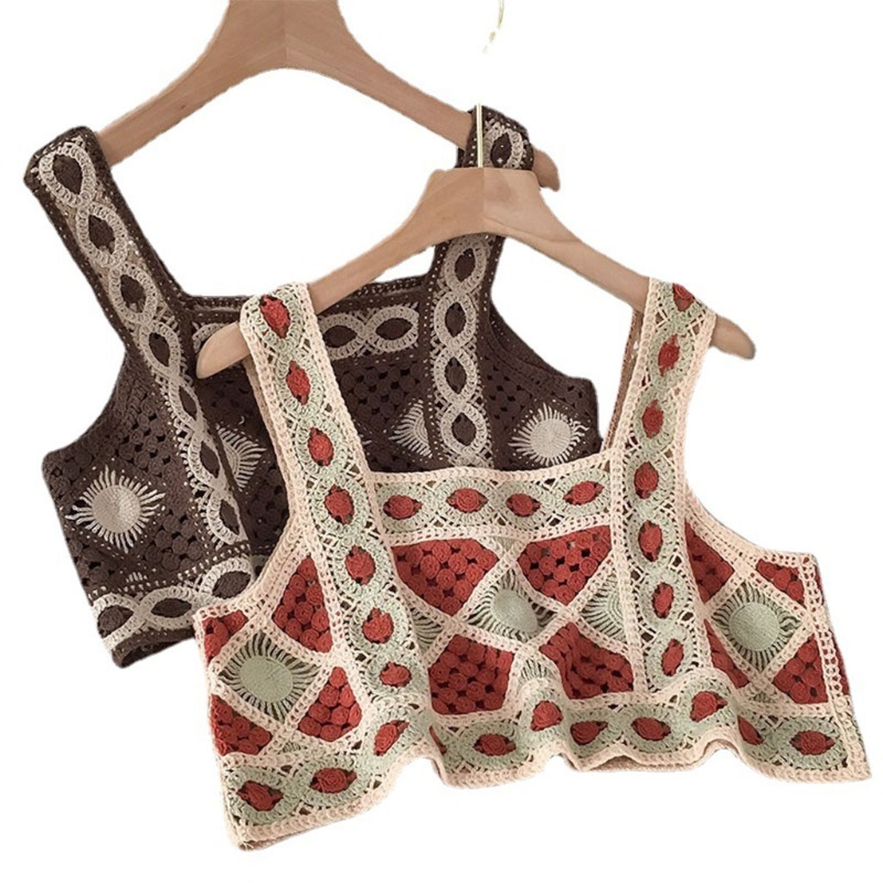 Áo Crop Top Dệt Kim Không Tay Họa Tiết Hình Học Khoét Lỗ Phong Cách Bohemian Mùa Hè Cho Nữ