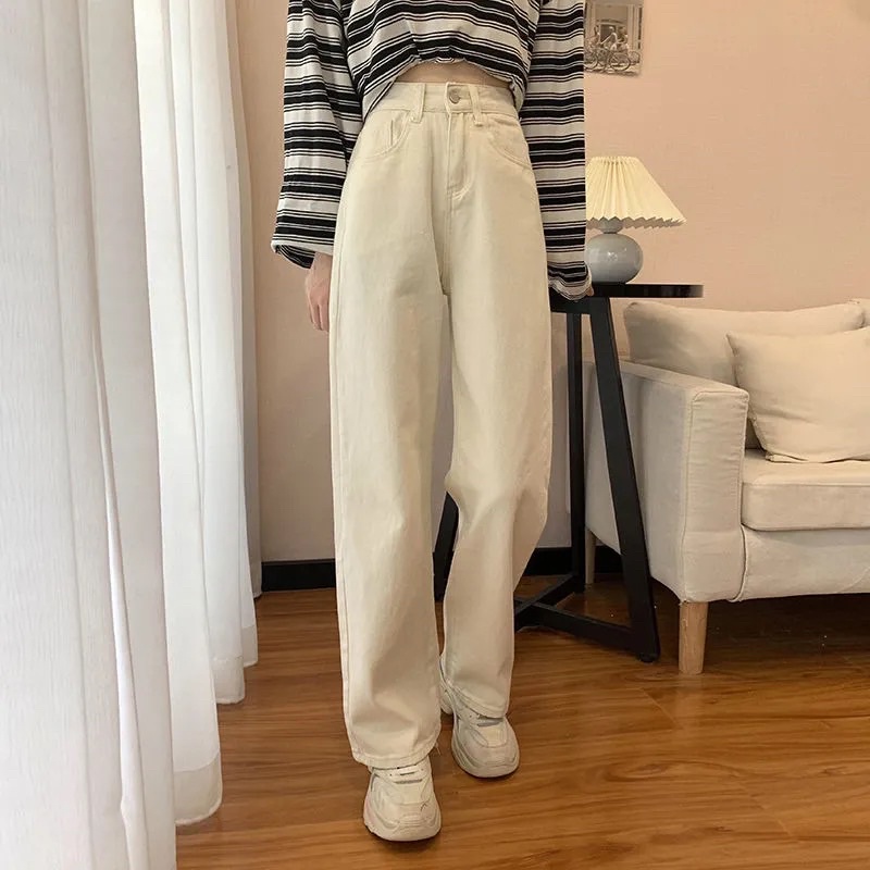 ⊕♠○Quần Jeans Nam Nữ Ống Suông Màu Xanh Trắng Đen Lưng Cạp Cao Phong Cách Ulzzang Hàn Quốc Basic Mặc Hàng Ngày Loại Đẹp