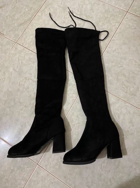 Freeship_Bốt đùi da lộn lót lông khoá cạnh dây sau gót vuông 7 phâncao cấp full box | BigBuy360 - bigbuy360.vn