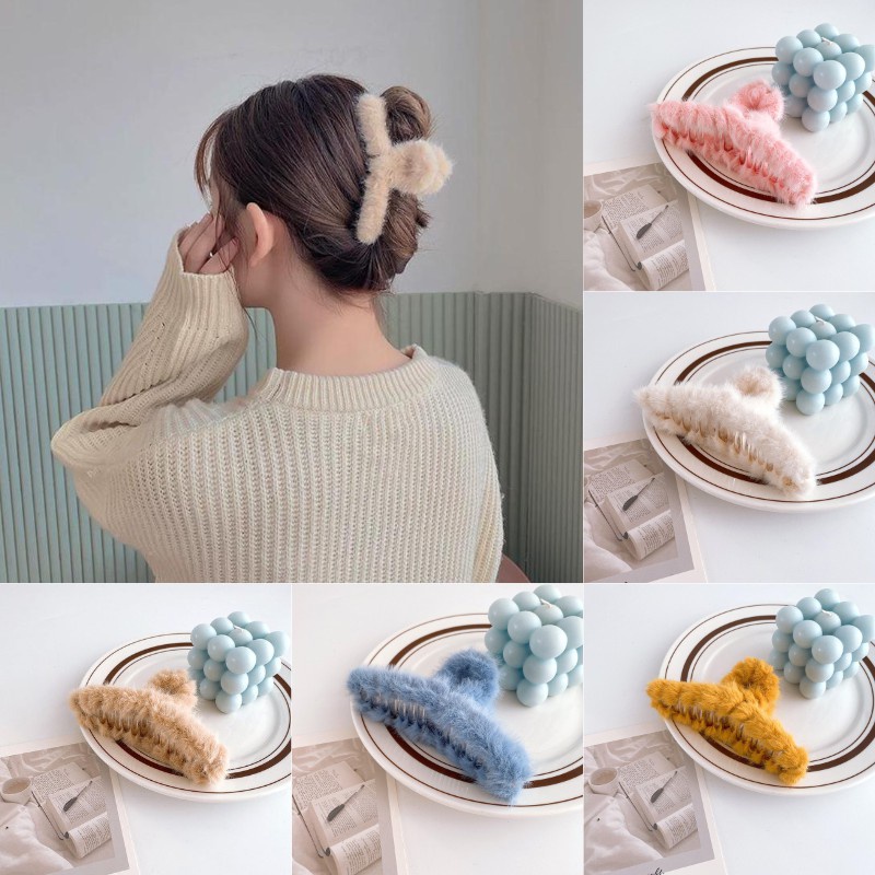 Kẹp tóc càng cua bằng nhựa acrylic phối lông phong cách Hàn Quốc dành cho nữ