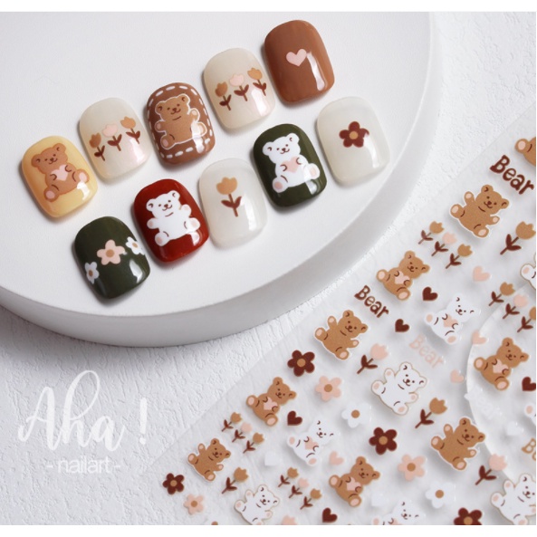 Bộ sticker dán móng AHA 027 gấu cà phê siêu bền, siêu dính 2 tuần không bong tróc dùng nước thoải mái