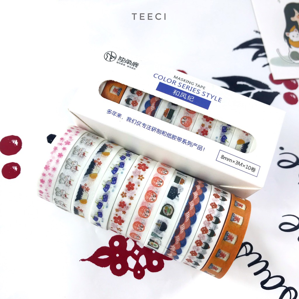 <Video Review> Set 10 Cuộn Băng Keo Dính Washi Tape Họa Tiết Cute Trang Trí Sổ Tay Nhật Kí Khay Đựng Bút D171