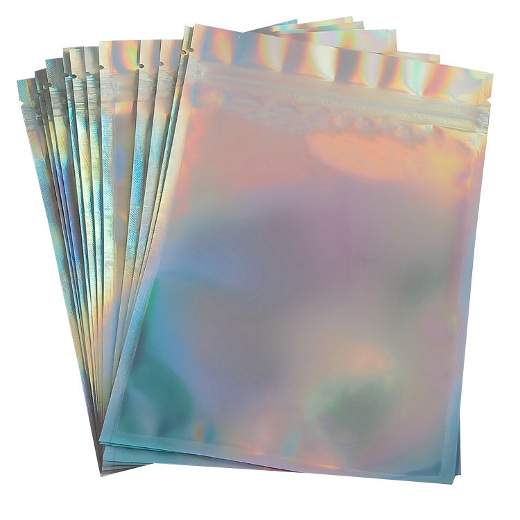 100Pcs Holographic Nhôm Foil Glitter Túi Phía Trước Trong Suốt / Mặt Sau Khóa Kéo Mù Tự Niêm Phong Túi Niêm Phong Nhiệt Holographic Aluminium Foil Glitter Bag Front Transparent/ Back Blind Zipper Self Sealing Heat Seal Pouch
