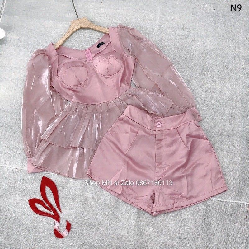 💫SET ÁO PEPLUM PHỐI TƠ GÂN NHŨ KÈM QUẦN SHORT LƯNG CAO💫