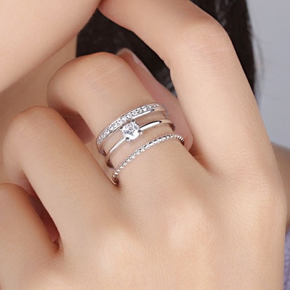 Nhẫn Bạc nữ ma Bạc 925 Giá sỉ Pha lê Cao cấp ba nhánh đính đá lấp lánh Thời trang Hàn Quốc May mắn Hạnh phúc