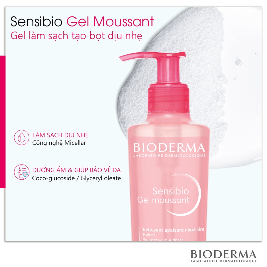 Sữa Rửa Mặt tạo Bọt Cho da Nhạy Cảm Bioderma Sensibio Gel Moussant Gel Hồng 45ml - 200ml