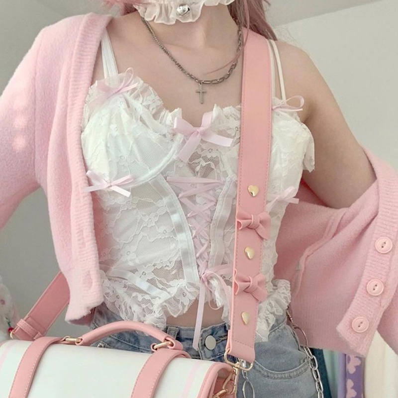 Áo croptop hai dây vải ren hoa xuyên thấu dáng ôm nhún bèo phối dây thắt nơ phong cách Lolita ngọt ngào cho nữ