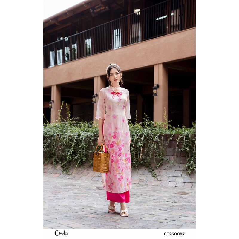 Bộ áo dài cách tân họa tiết hoa nhí kèm nơ thanh lịch Chất liệu tơ cao cấp Orchid GT26O087