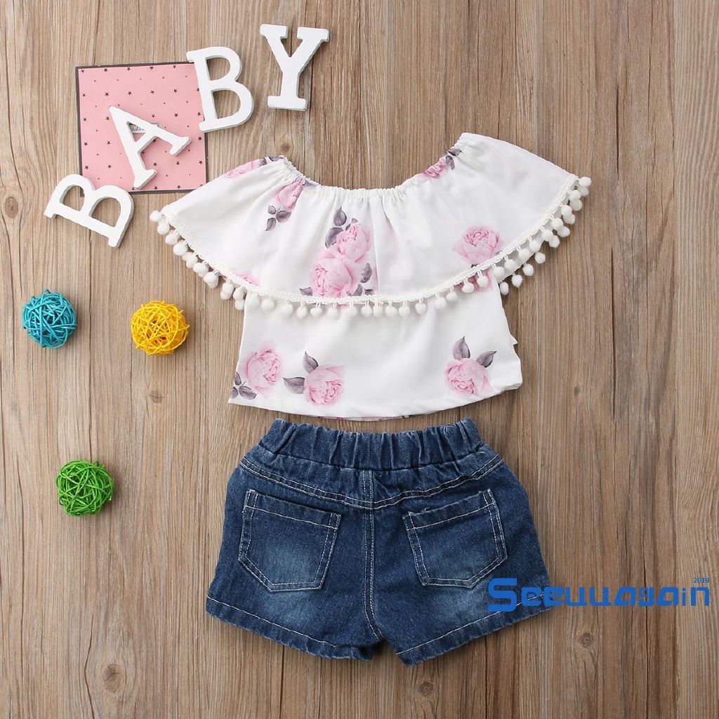 Set Áo Trễ Vai Và Quần Short Denim Xinh Xắn Dành Cho Bé Gái