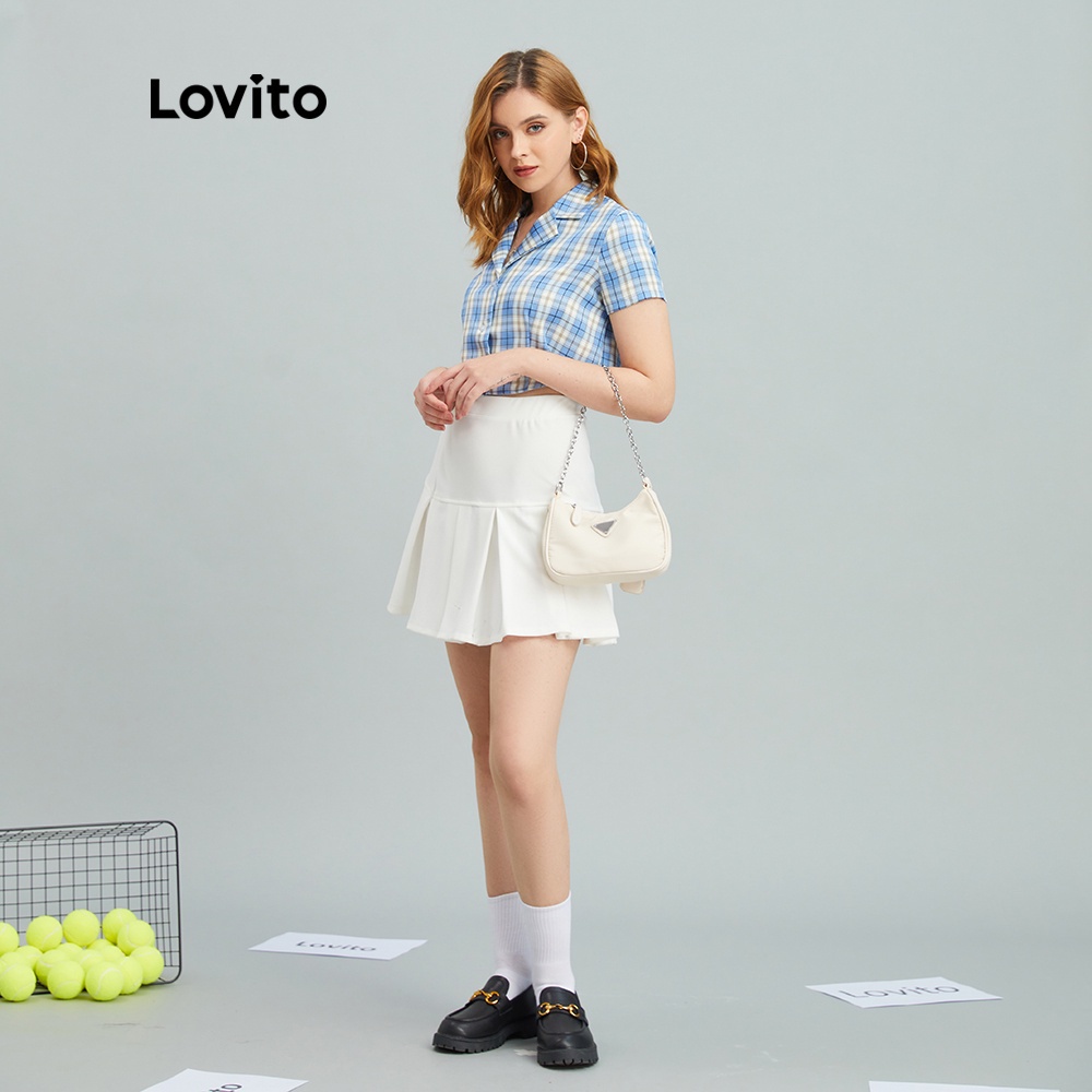 Áo kiểu Lovito kẻ sọc họa tiết tartan đính nút thời trang Preppy L10933 (màu xanh dương) | BigBuy360 - bigbuy360.vn