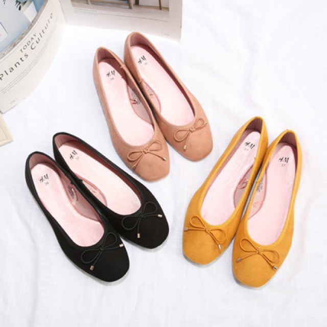 Giầy Búp Bê Nữ Giày Lười Đế Bệt Da Lộn Thắt Nơ H.M - LITTLE KOREA