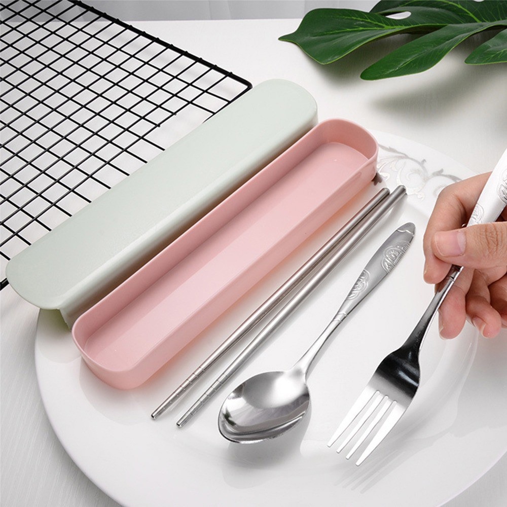 [Tổng Kho Sỉ] Bộ Thìa Đũa Dĩa INOX Cá Nhân Ăn Trưa Văn Phòng Tặng Hộp Đựng Nhựa 1 Màu Cá Tính E7 - Quà Tặng Khách Hàng