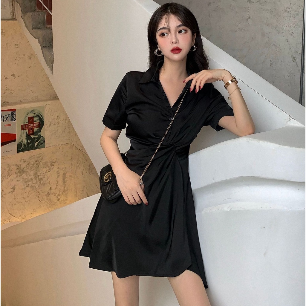 Đầm Chữ A Cổ Polo Màu Đen Phong Cách Hàn Quốc Thời Trang Cho Nữ