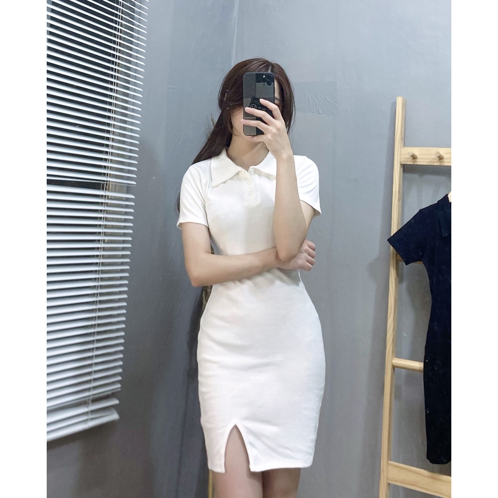 Đầm váy body cổ Polo Mi Soul đẩm xẻ trước chất thun tăm, thun tăm ôm sexy 135
