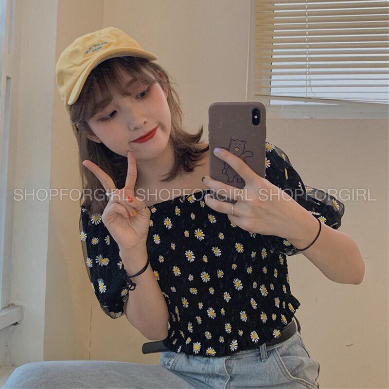 Áo tay phồng hoa cúc màu trắng tay ngắn - shop8868