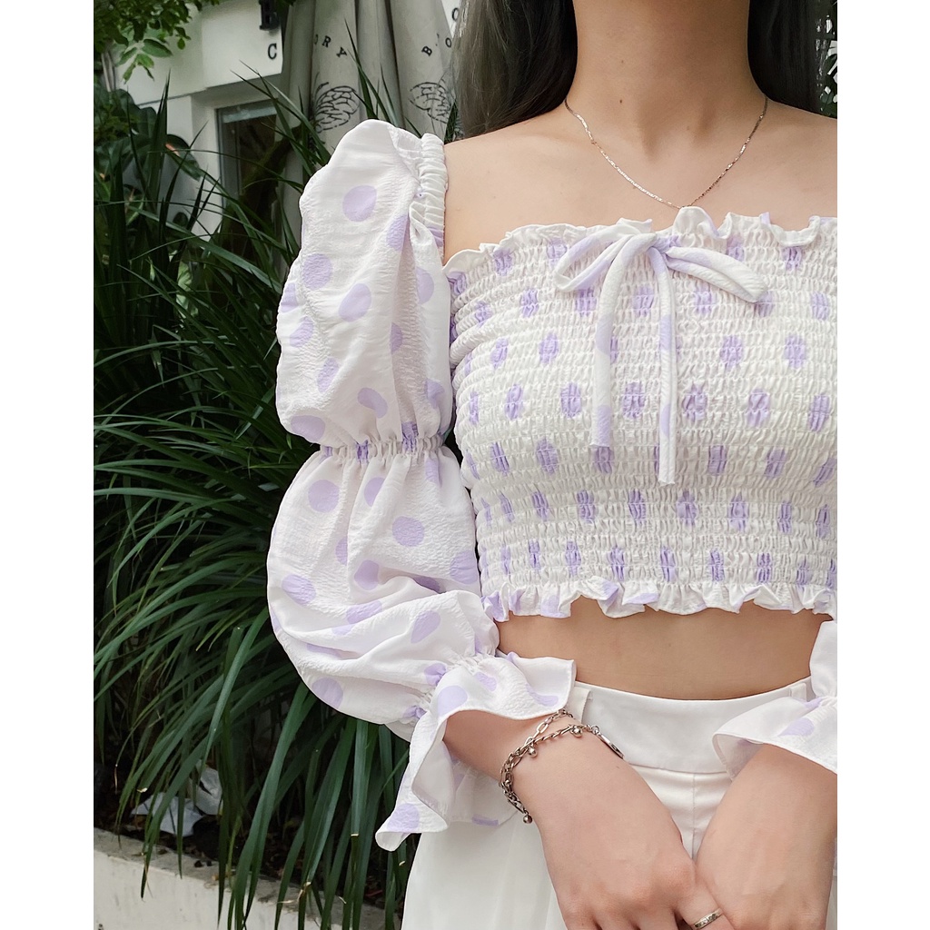 Áo croptop SheByShj tay dài họa tiết chấm bi tím - Dottie Top