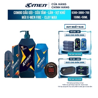 Combo Dầu Gội X-Men Nước hoa Fire 650g và Sữa Tắm 380g – Lăn khử mùi 50ml – Xịt 150ml – Clay Wax 70g