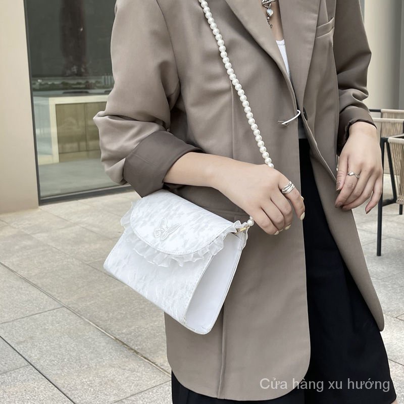 Túi đeo chéo vai hình vuông nhỏ phối ren và ngọc trai nhân tạo phong cách Nhật Bản thời trang 2022 cho bạn nữ