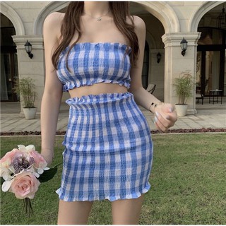 🍃Set Đầm Ống Caro Xanh Kèm Áo Khoác ~ Set Đồ Xinh Ulzzang Girl